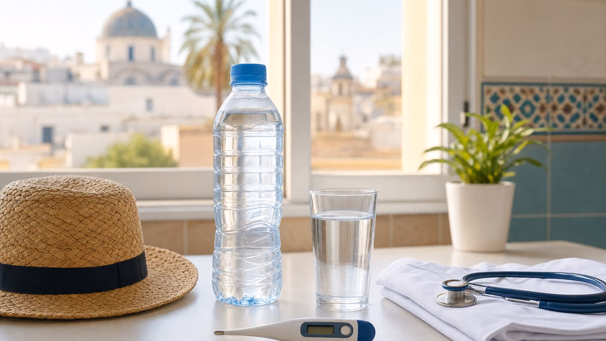 Cabinet médical lumineux avec thermomètre et bouteille d’eau pendant une période de canicule en Algérie