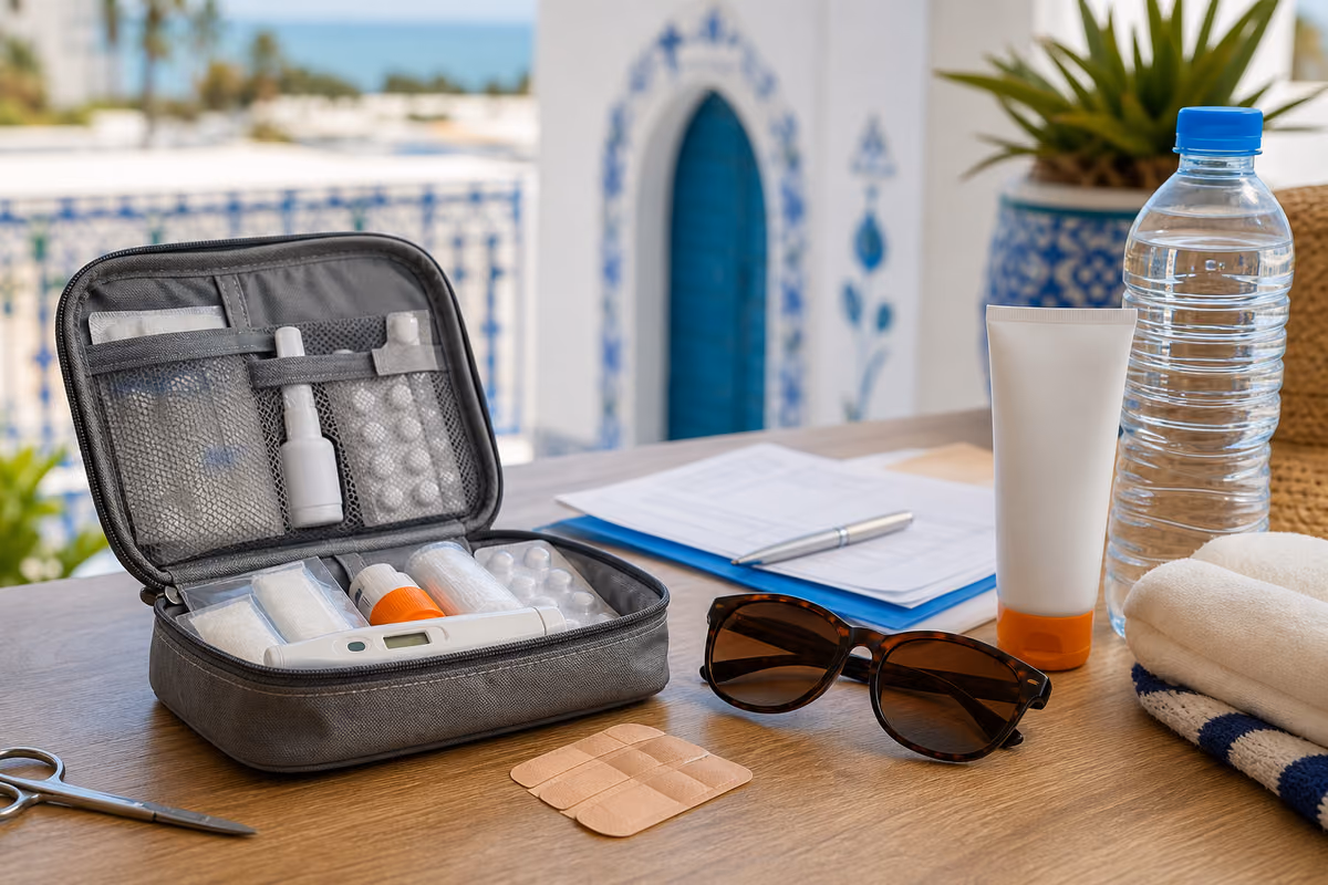 Trousse santé de voyage avec documents médicaux et crème solaire sur une table lumineuse