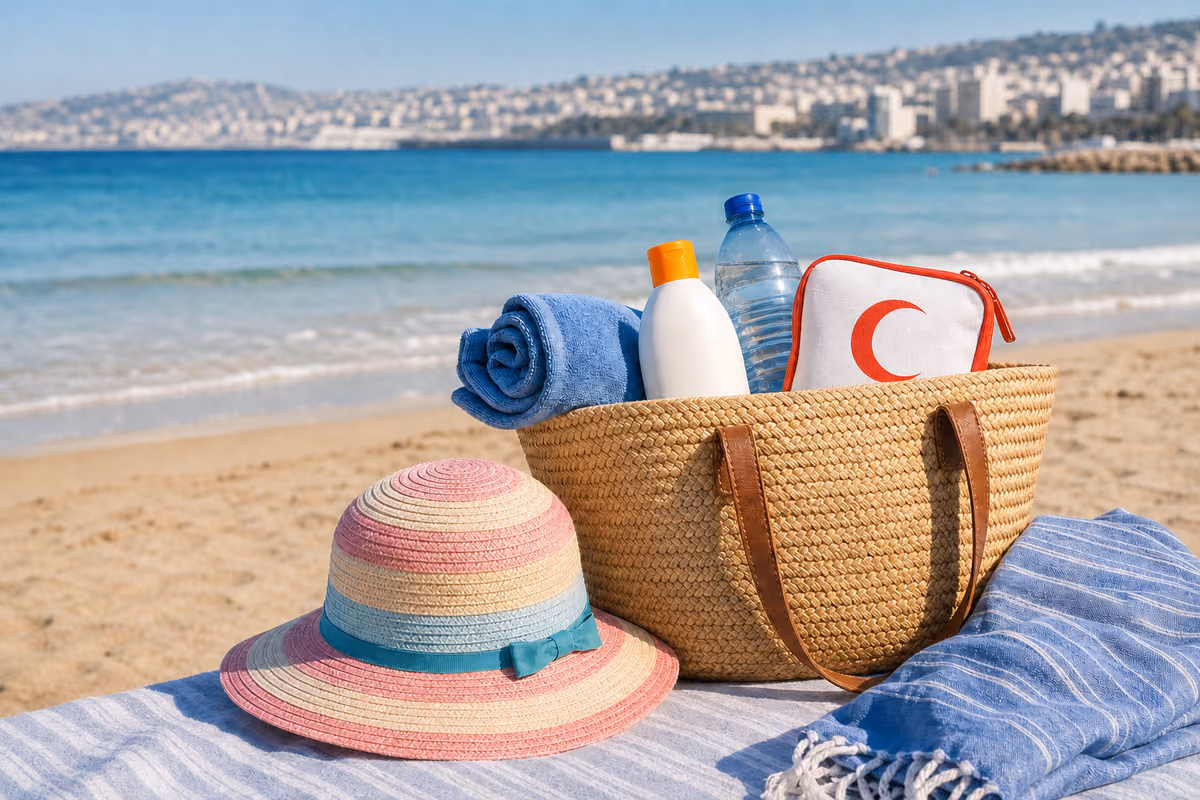 Sac de plage avec crème solaire, bouteille d’eau et trousse avec croissant rouge sur une plage d’Alger en été